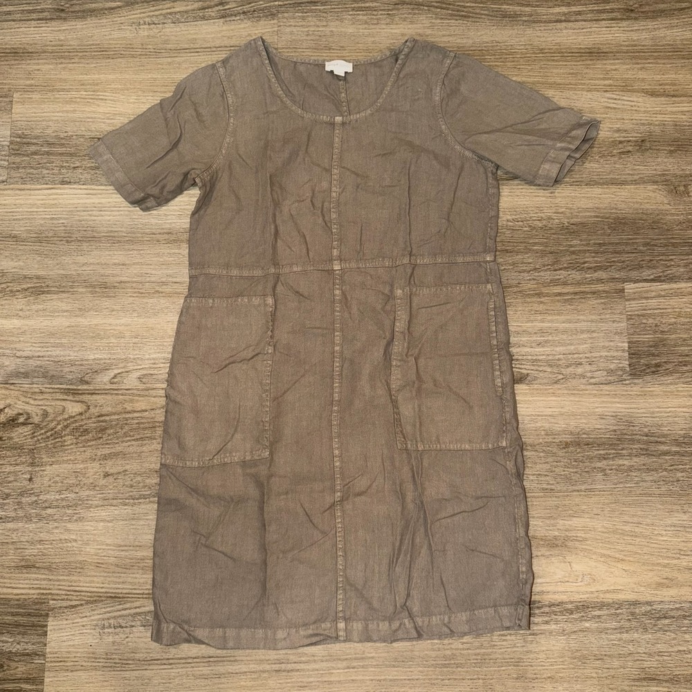 Pure Jill J. Jill Garment Dyed Linen Dress Taupe Brown Pockets XS WDR222861